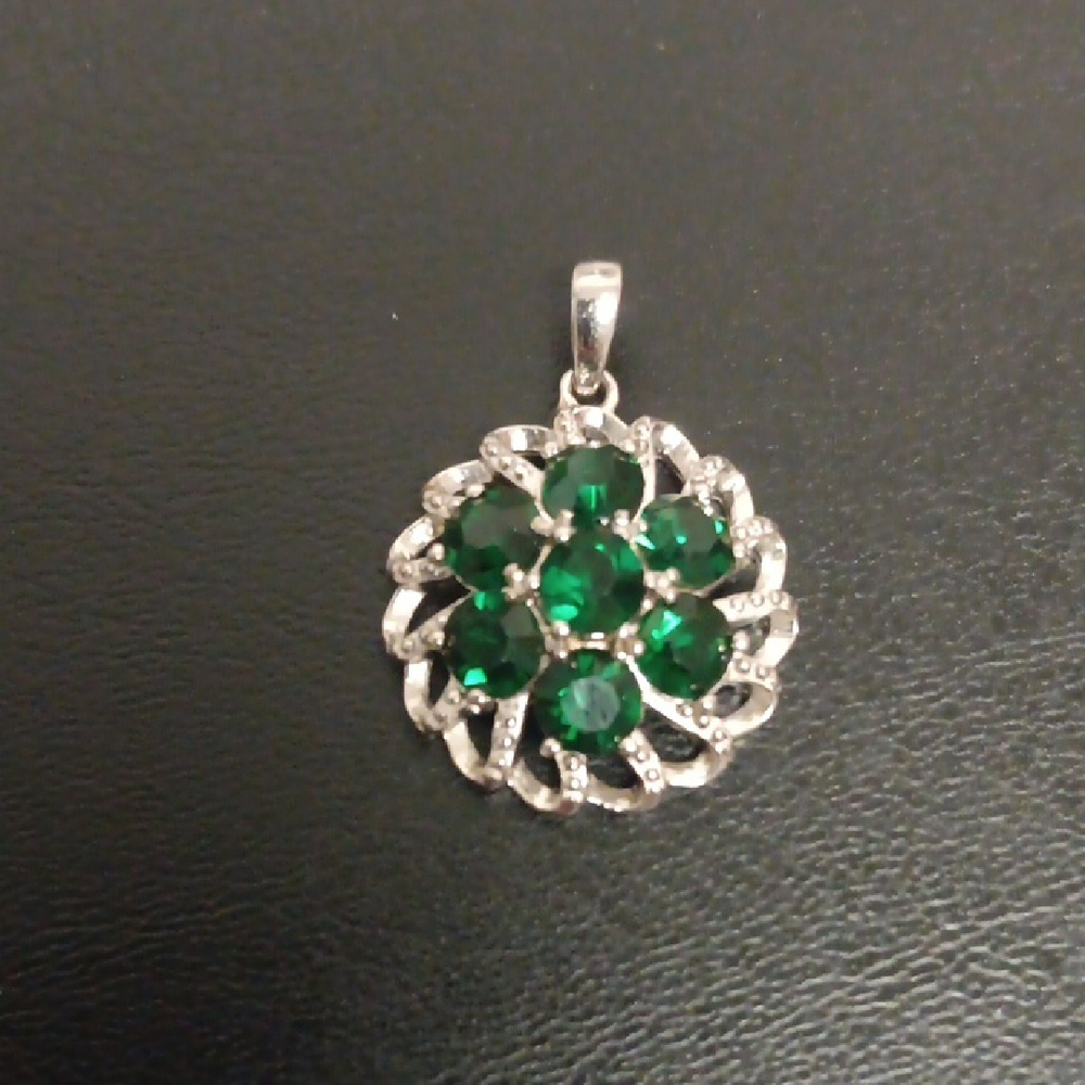 Karis Emerald Color Crystal Floral Pendant in Platinum Bond